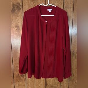 Polyester Pleated Blouse by J.Jill. Burgundy Pintuck Long Sleeve Blouse